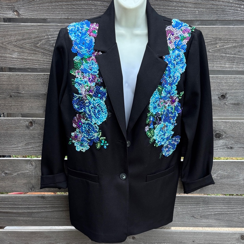 Black Jacket with hand beaded  Blue Floral Embellishments by “Jagged Threads”
